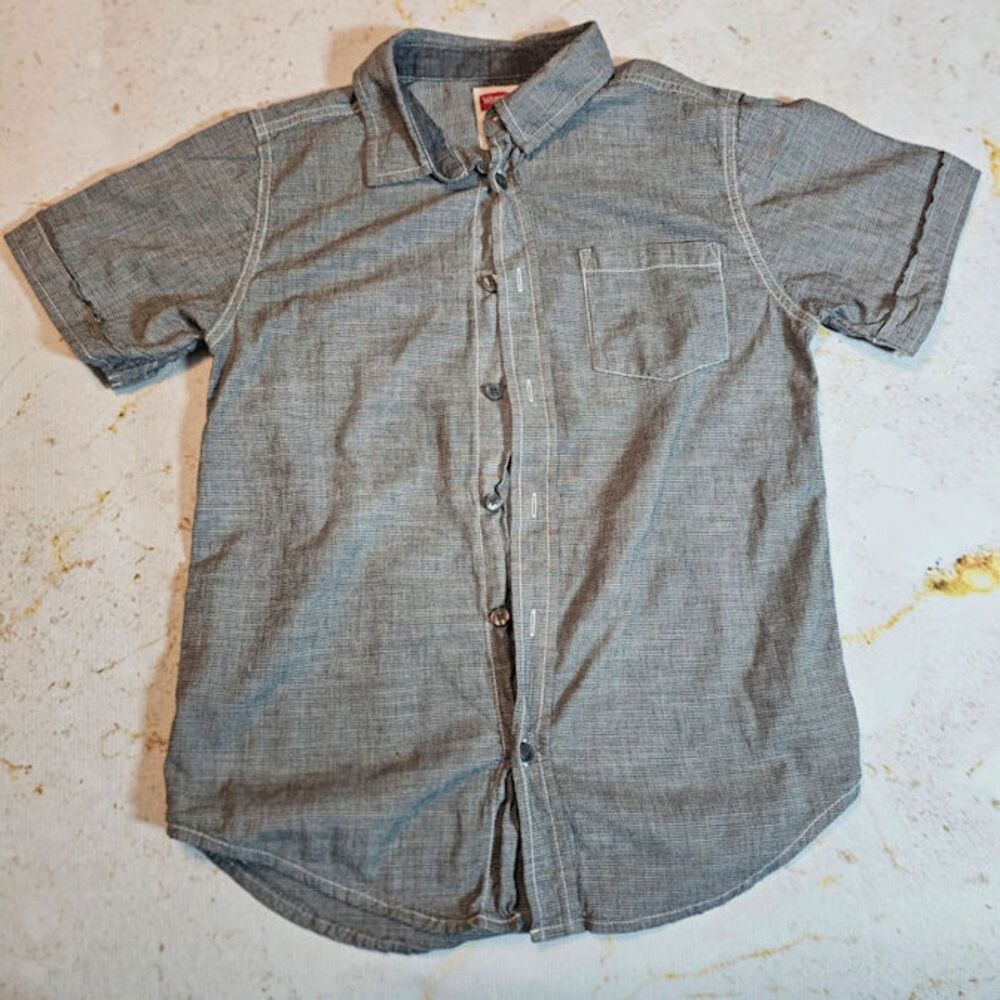 Wrangler Boys Button Up Shirt Size L 10/12 Gray Short Sleeve Casual EUC